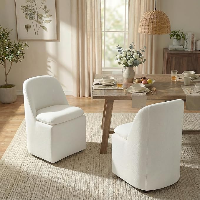 Upholstered Dining Chairs with Casters, Washable Cover Modern Dining Room Cha...