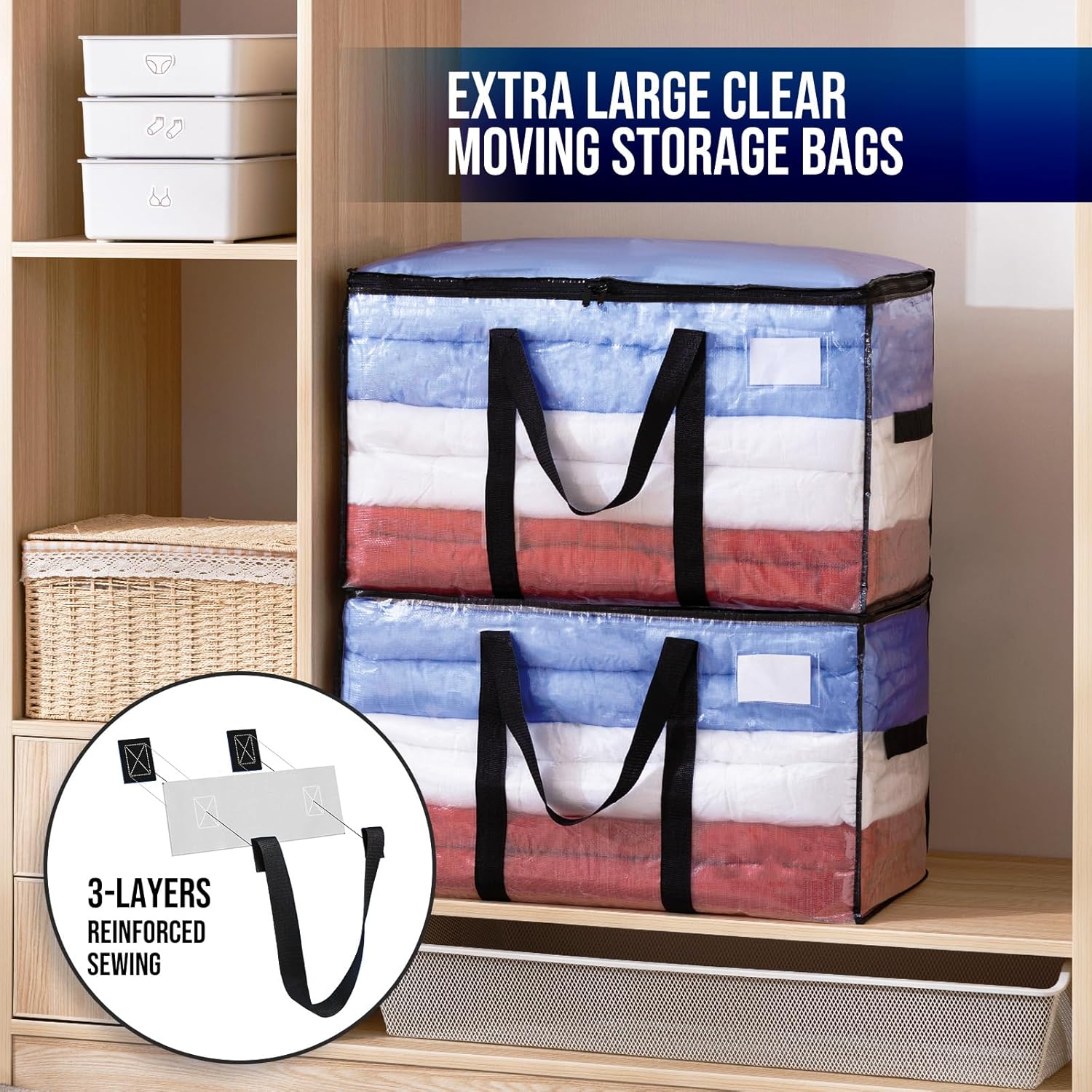 TAILI Extra Large Moving Bags, 12 Pack Clear Heavy Duty Totes for Storage with Visible Window, Wrap Around Handles, Storage Bags for Space Saving, Alternative to Moving Boxes