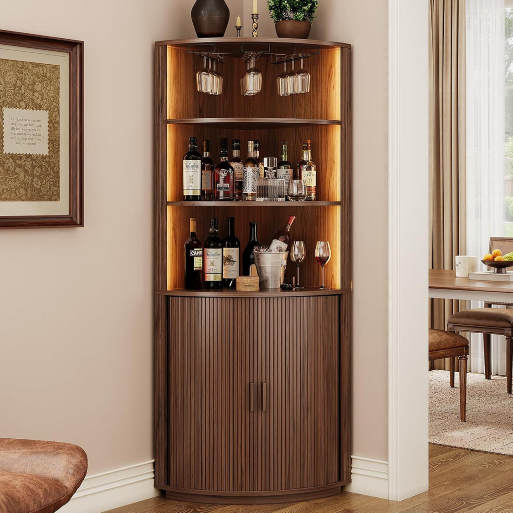 72" Tall Corner Bar Cabinet with LED Lights, Fluted Wine Bar Cabinet with Storage, Mid-century Modern Liquor Cabinets with Sliding Door & Wine Glass Holder, for Dining Room, Living Room Walnut