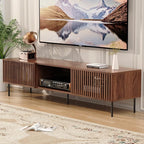 HOMMPA 70 Inch TV Stand for TVs Up to 80'', Mid Century TV Stand with Slatted Door Design, Modern Media Console with Storage Cabinet & Drawer, Entertainment Center for Livingroom, Walnut