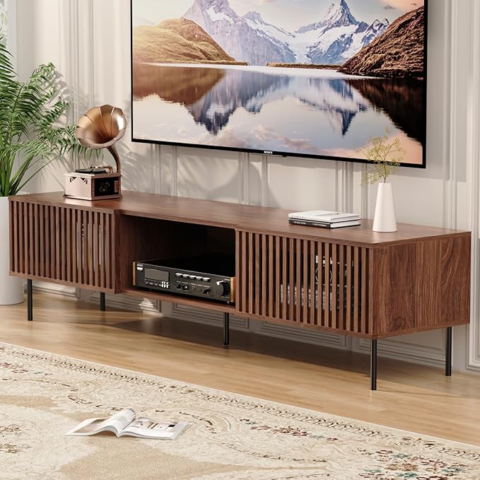 HOMMPA 70 Inch TV Stand for TVs Up to 80'', Mid Century TV Stand with Slatted Door Design, Modern Media Console with Storage Cabinet & Drawer, Entertainment Center for Livingroom, Walnut