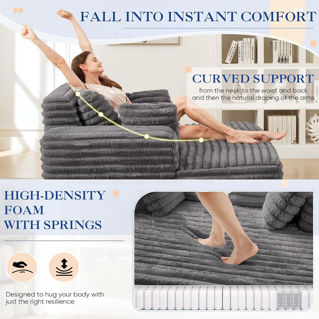 Oversized Chaise Lounge Indoor, Modern Plush Faux Fur Fabric Deep Seat Boneless Memory Foam Sleeper Chaise Lounge Sofa Chair with Pillows for Living Room Bedroom Studio, No Assembly Couch, Grey