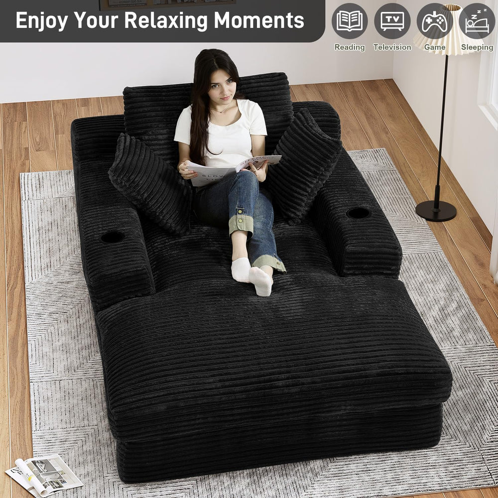75.9"D Oversized Chaise Lounge Chair Indoor with Cup Holders,Black