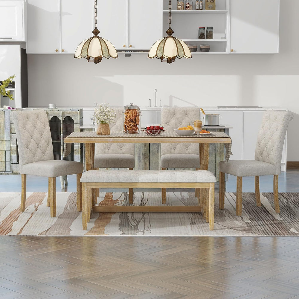Merax 6-Piece Solid Wood Dining Table Set for 6, Solid Wood Rectangular Kitch...