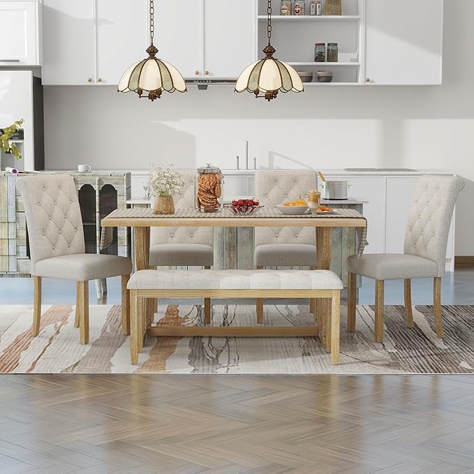 HomSof 6-Piece Retro Rectangular Dining Table Set, Table with Unique Legs and 4 Upholstered Chairs & 1 Bench for Dining Room and Kitchen, Natural Wood Wash