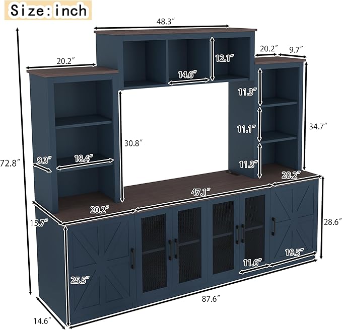 Wall Unit Entertainment Center with Charging Station and USB Charging for TVs, TV Stand with Large Storage Cabinet, Modern TV Stand Media Console with Cabinets (Blue/T)