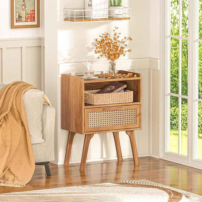 Lerliuo Rattan Nightstands Set of 2, Side Table with Drawer, Cane Accent Beds...