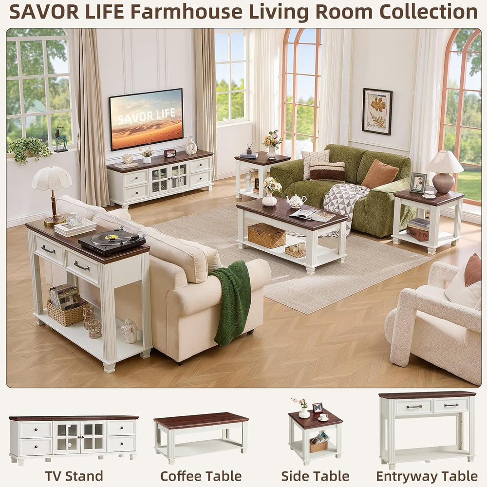 SAVOR LIFE Farmhouse TV Stand and Coffee Table Set 4 Piece, White | Living Ro...