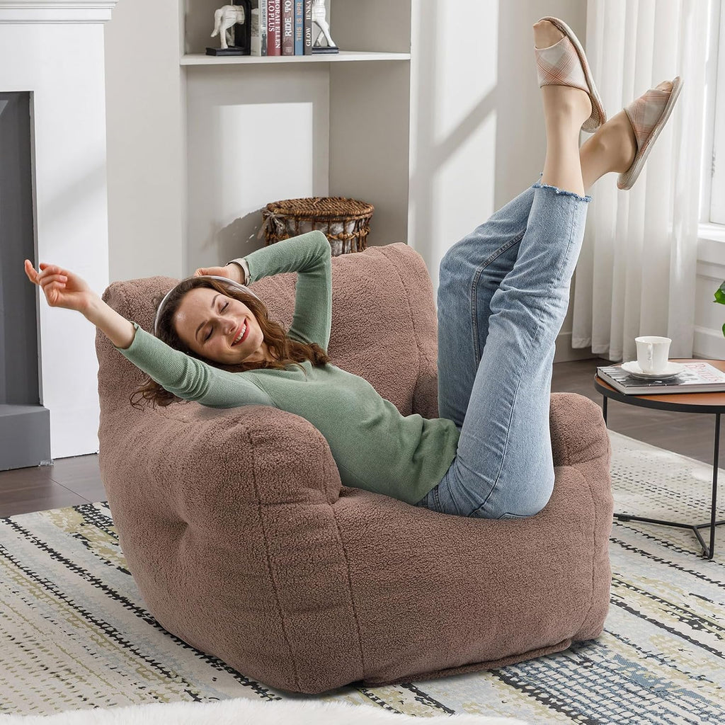 Recaceik Bean Bag Chairs, Tufted Soft Stuffed Bean Bag Chair with Filler, Fluffy Lazy Sofa Chair Lounger, Comfy Giant Bean Bag Chair for Bedroom, Living Room, Brown