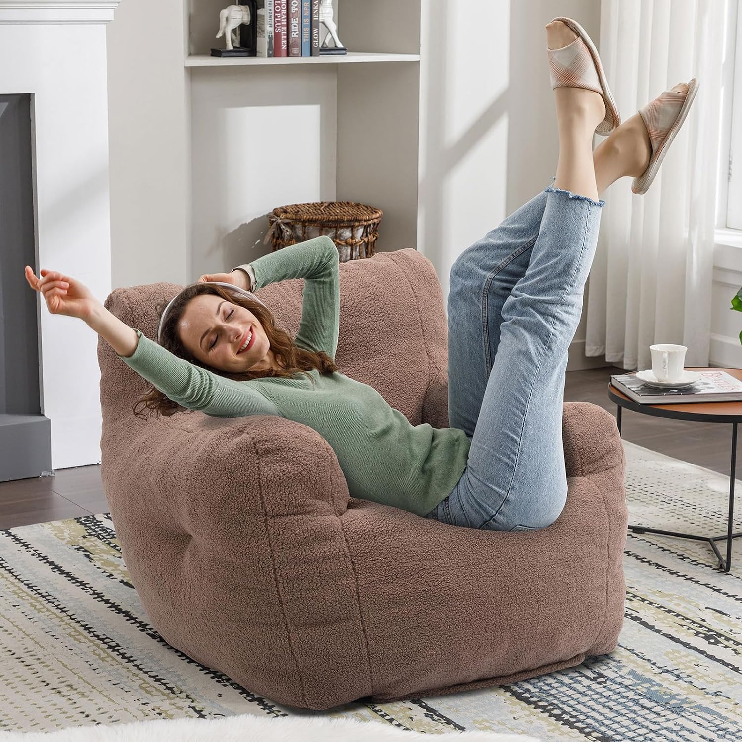 Recaceik Bean Bag Chairs, Tufted Soft Stuffed Bean Bag Chair with Filler, Fluffy Lazy Sofa Chair Lounger, Comfy Giant Bean Bag Chair for Bedroom, Living Room, Brown