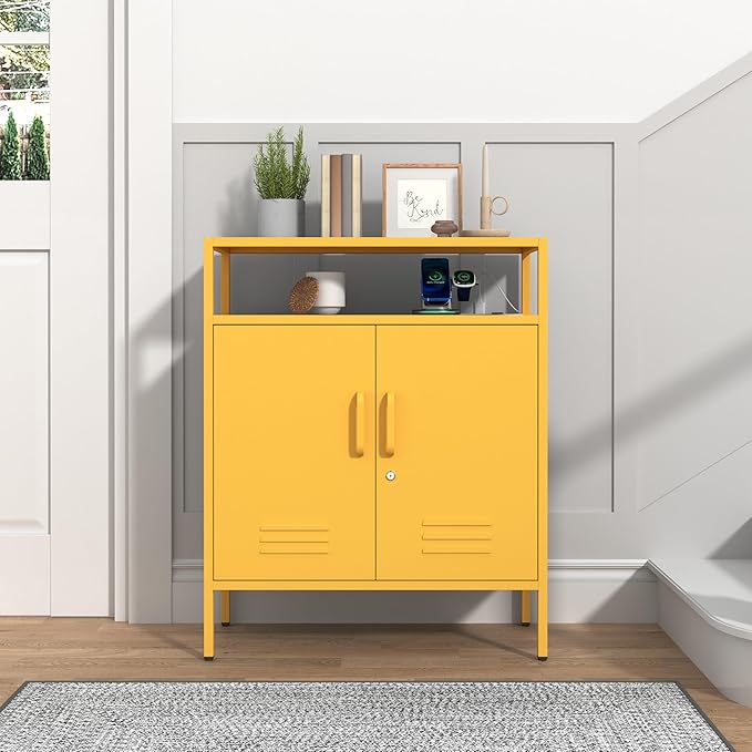 Multifunctional Lockable Storage Cabinet, 3-Tier Side Cabinet with Power Strip & USB Ports, Adjustable Shelf, for Living Room, Home, Office, Yellow 33" H X 29.5" W X 13.8" D