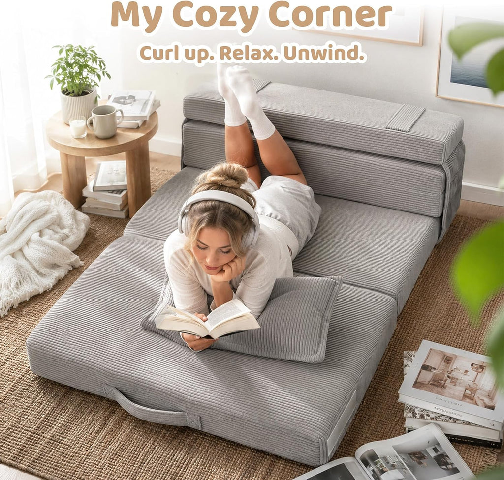 Tri-Fold Futon Mattress,Foldable Japanese Floor Sleep Mattress,High-Density Foam Tatami Bed Mat with Corduroy Cover,Nap Pad & Floor Lounger for Dormitory & Small Space(Charcoal Gray,63x26)