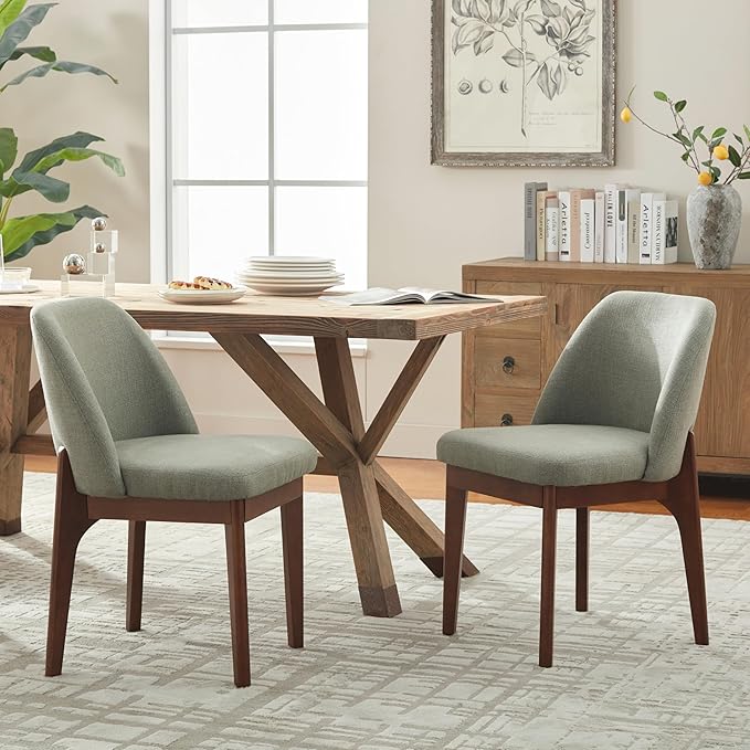 VKNOW Wooden Dining Chairs Set of 2, Upholstered Dining Room Chairs with Rubberwood Legs and Padded Seats, Kitchen Chairs for Restaurant Kitchen Living Room, Green
