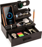 TESLYAR Wood Phone Docking Station with Drawer - Nightstand Organizer - Desk Organizer for Husband - Birthday Gifts for Men, Dad, Anniversary Idea, Key Holder Stand Watch & Accessories (Granite Black)
