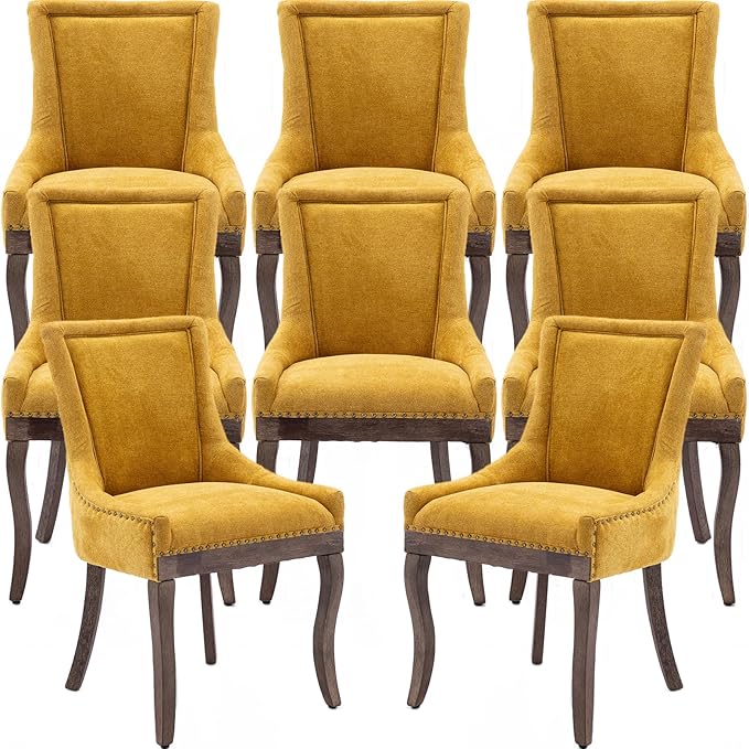 Gold Dining Chairs Set of 8, Kitchen & Dining Room Chairs, Fabric Upholstered Dinning Chairs, Sillas De Comedor, Nailhead Trim, Wood Legs (Yellow, 8 Pcs)