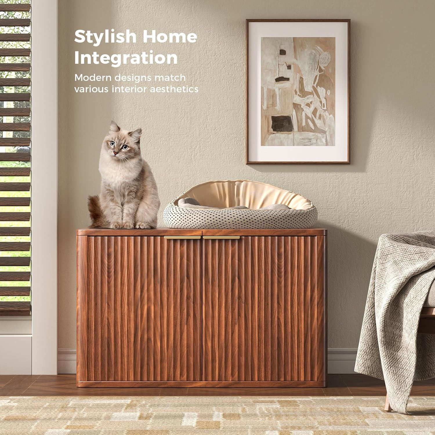 31.5" Walnut Cat Litter Box Enclosure Furniture, Large Decorative Hidden Litter Box Cabinet, Fluted Mid Century Modern Kitty End Table for Living Rooms, Bedrooms, Entryways