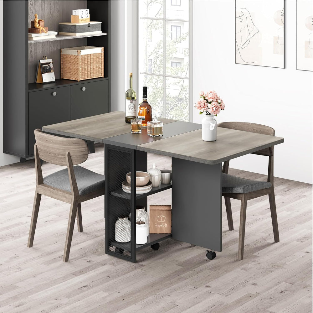 IDEALHOUSE FoldingTable, Drop Leaf Dining Table with 6 Wheels and 2-Layer Sto...