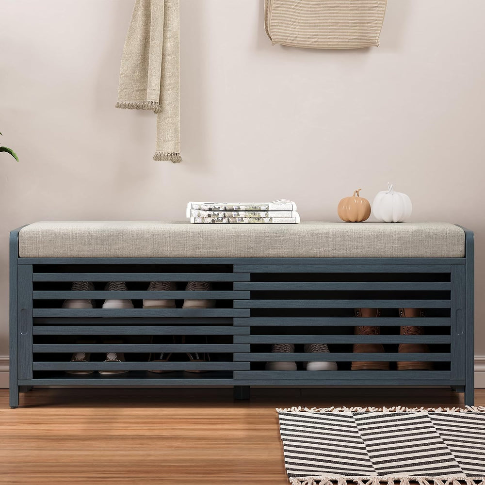 LUMISOL Shoe Bench with Storage and Cushion, Farmhouse Distressed Shutter Sto...