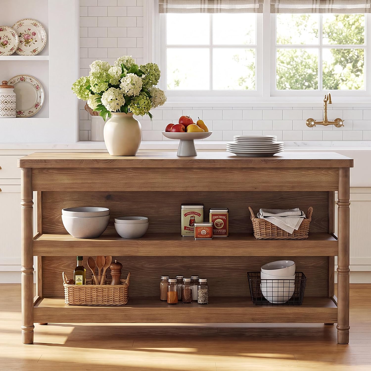 63" Solid Wood Kitchen Island Table with Storage & Seating | Three-Tier Storage, Full-Length Open Shelves, Counter Stool Compatible, Elegant Turned Legs, Farmhouse Style