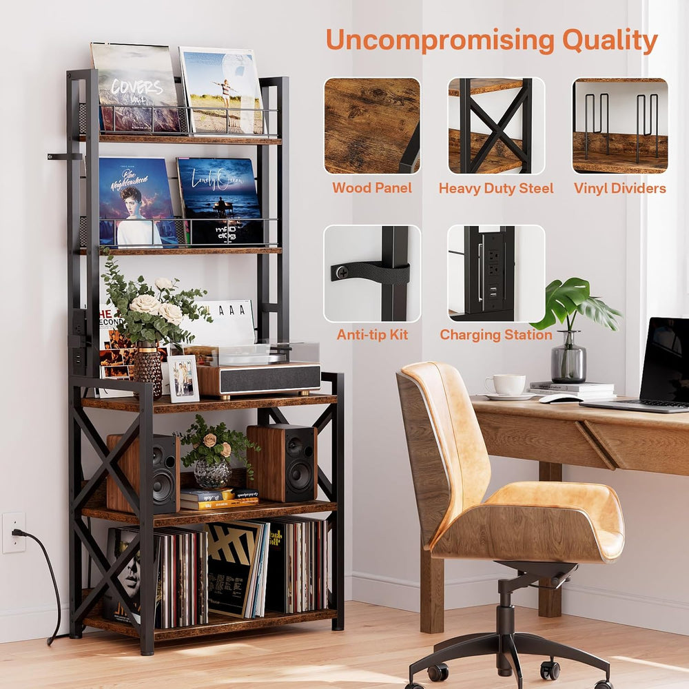 Record Player Stand with Power Outlet - Turntable Display Shelf | 5-tier Viny...