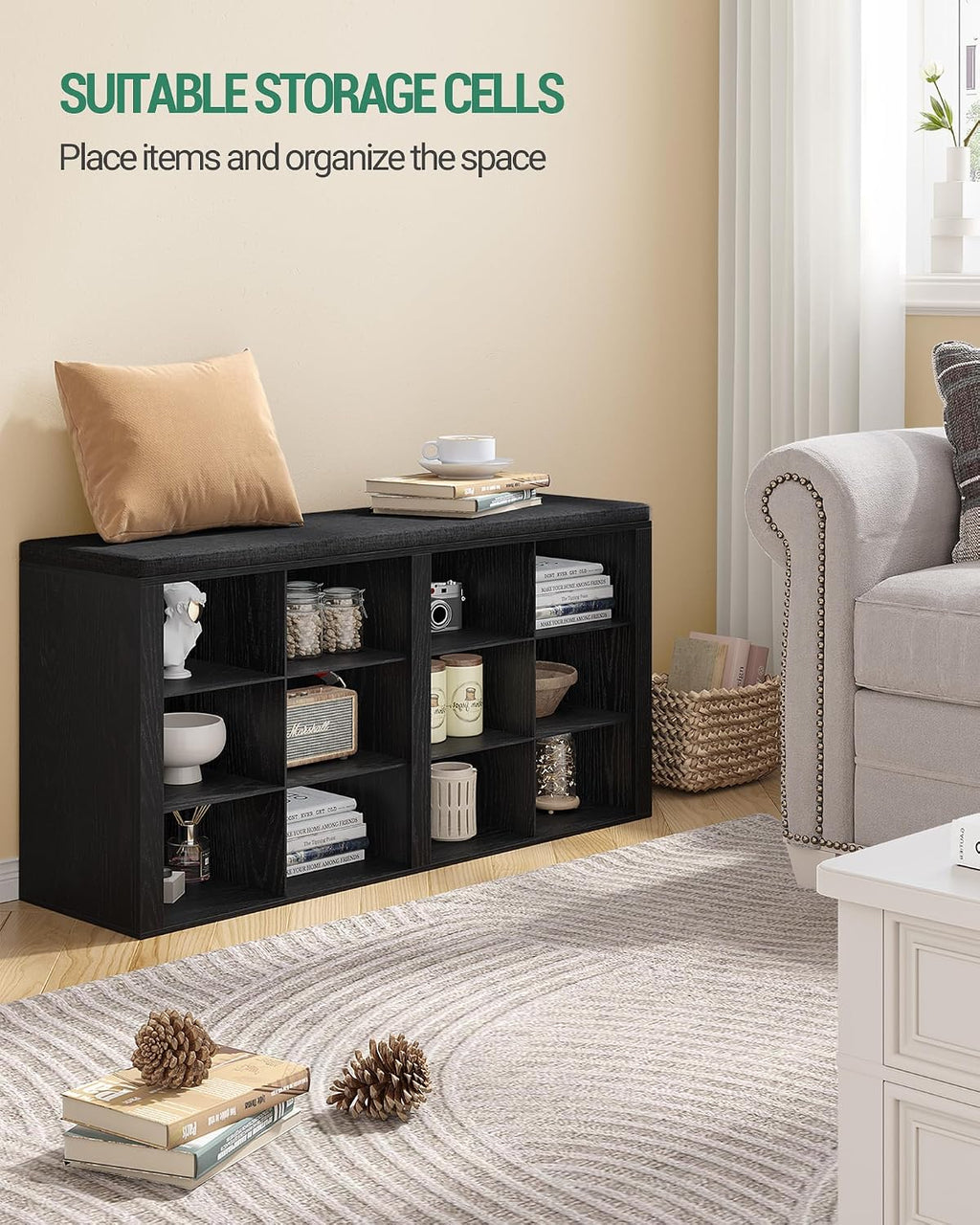 Hzuaneri Shoe Storage Bench with Cushion, Entryway 12-Cubby Shoe Rack | multifunction shoe organizer cabinet with adjustable shelves for hallway, bedroom, living room, Black SB19004GY