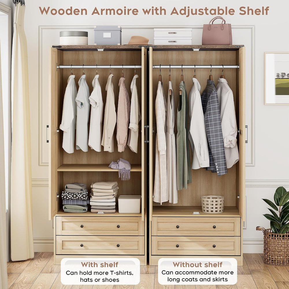 Brafab 2 Doors Wooden Armoire Wardrobe Closet with 2 Drawers, Natural | 2 Mod...