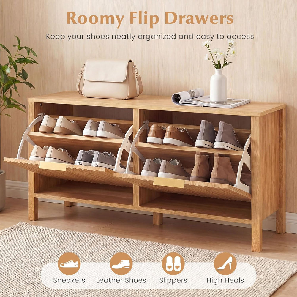 Giantex Shoe Storage Bench with 2 Flip Drawers, Wooden Entryway Bench with St...