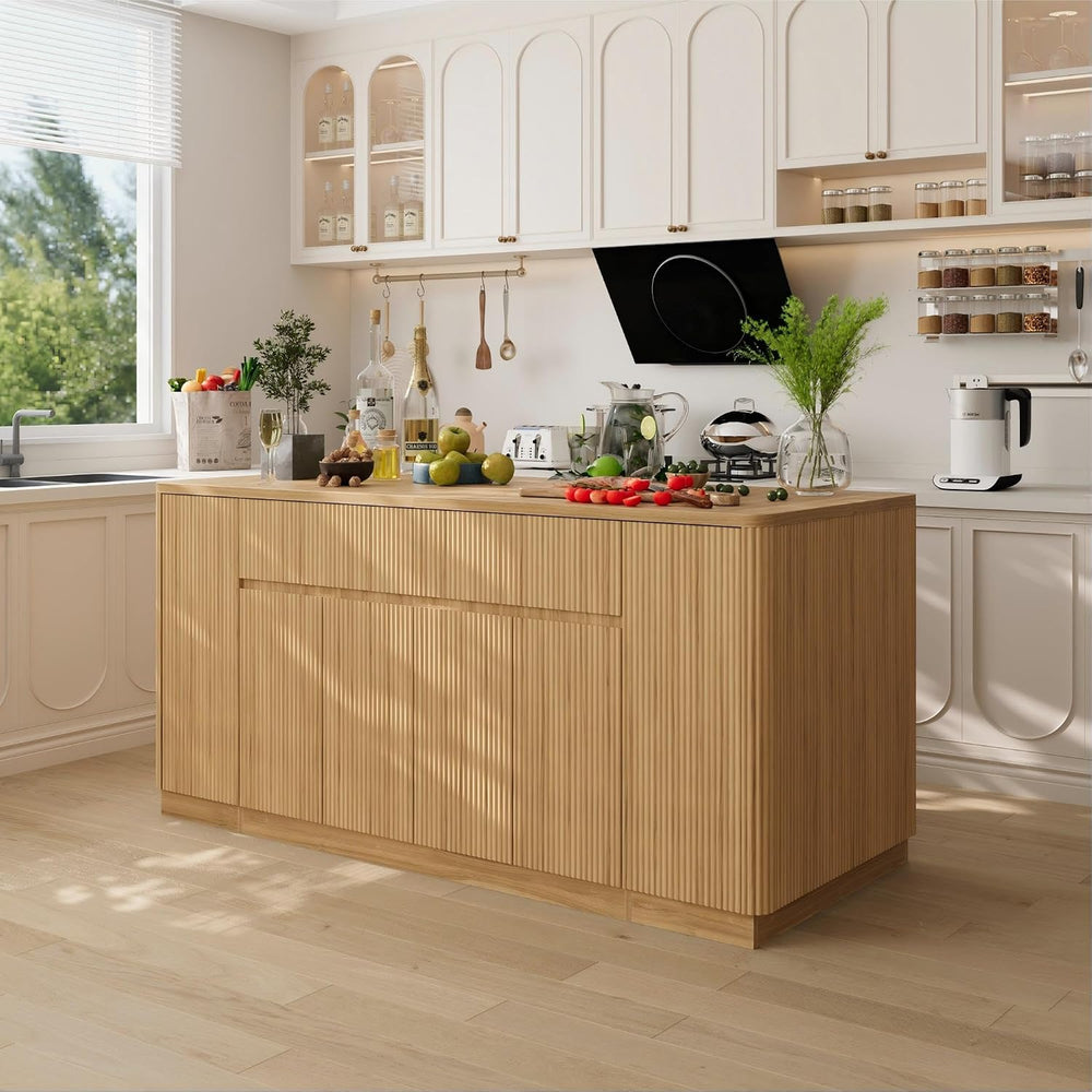 Mekminop 74.8" W Large Kitchen Island, Natural, Wavy Design | Storage, S...