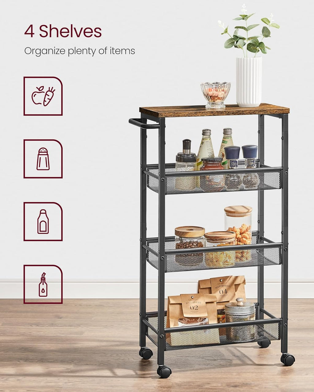 VASAGLE Slim Rolling Cart, 4-Tier Storage Cart, Narrow Cart with Handle, 8.7 Inches Deep, Metal Frame, for Kitchen, Dining Room, Living Room, Home Office, Rustic Brown and Classic Black ULRC033B01