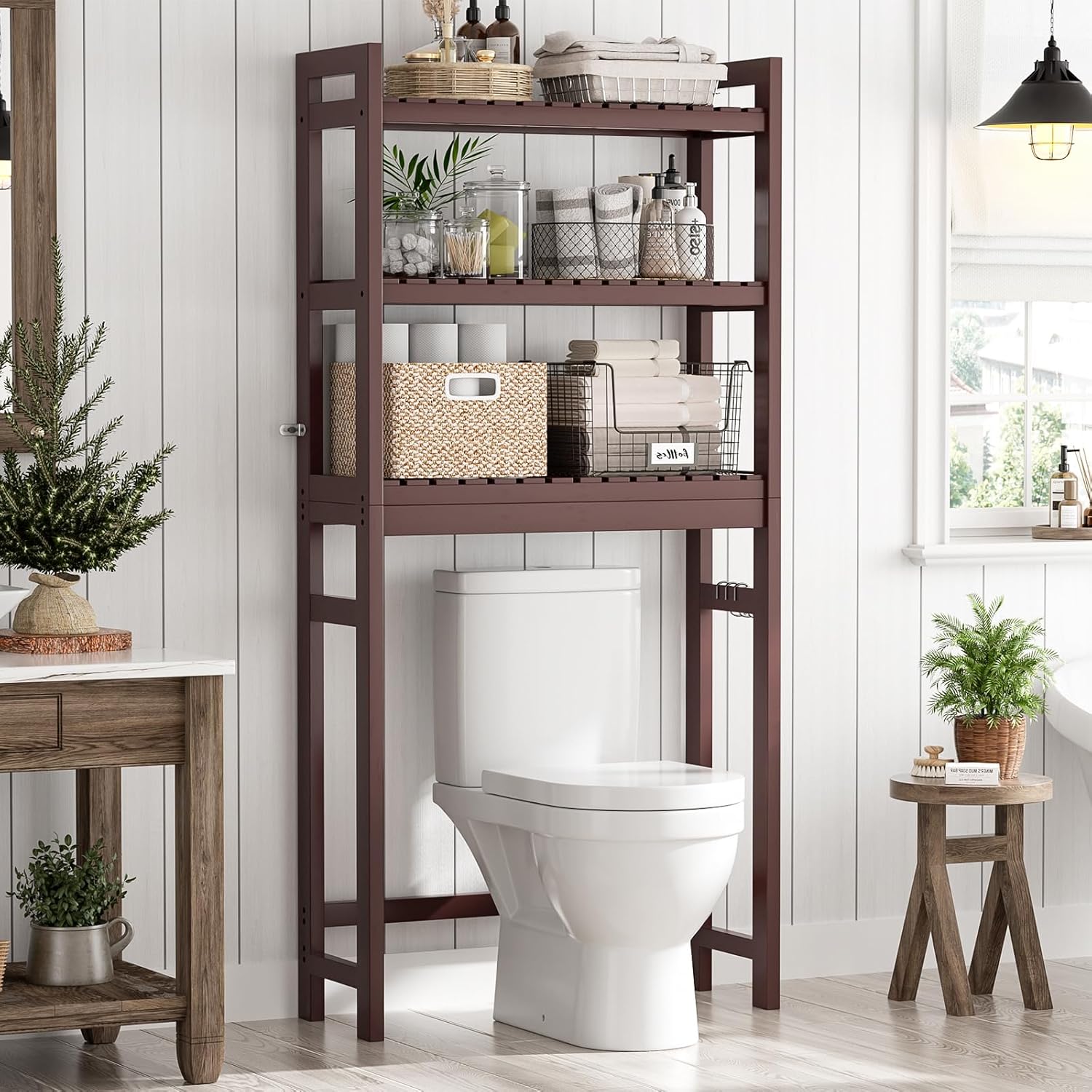 Homykic Over The Toilet Storage, Bamboo 3-Tier Over-The-Toilet Space Saver Organizer Rack, Stable Freestanding Above Toilet Stand with 3 Hooks for Bathroom, Restroom, Laundry, Espresso
