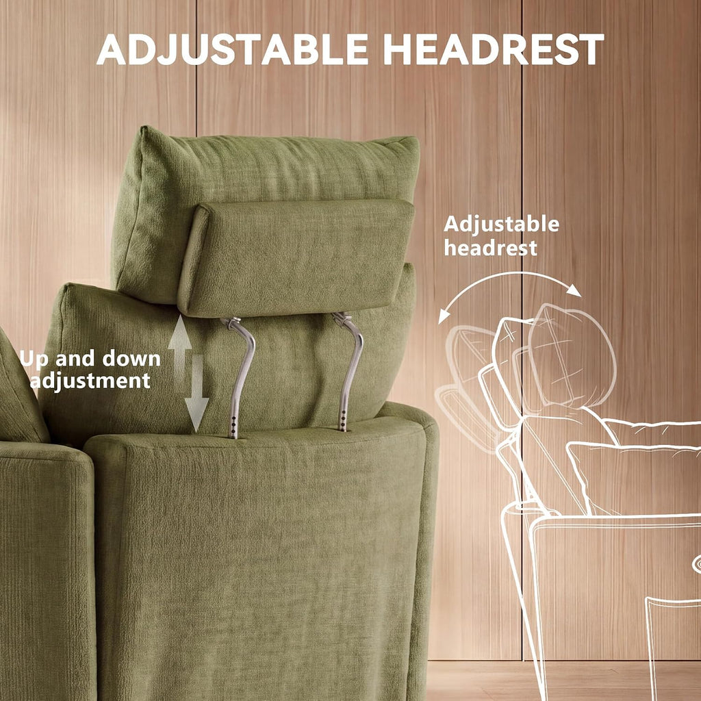 FOXHUNTER 300° Swivel Power Nursery Rocking Glider Chairs, Chenille Green | 30° Rocking Mode, USB Charging Port, Phone Holder, Adjustable Headrest, 2 Cushions, 2 Side Pockets, for Living Room Bedroom