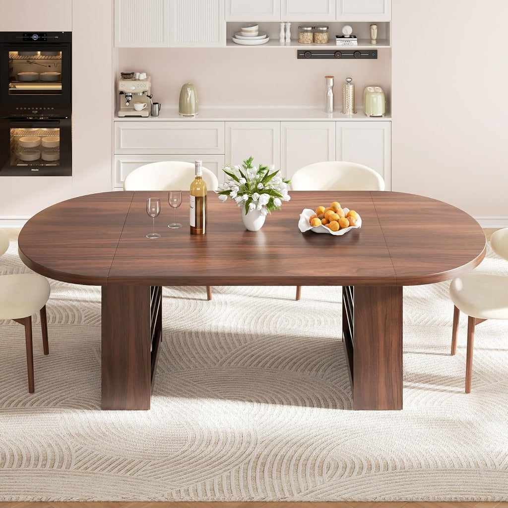 Jocoevol 78.7" Dining Table for 6-10 People, Oval Dining Room Table with 3-Tier Storage Shelf, Modern Wood Kitchen Tables with Heavy Duty Pedestal Base for Home, Dining Room, Walnut