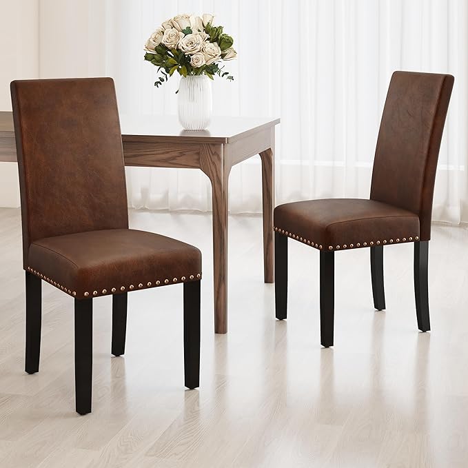 LSSBOUGHT Waterproof & Stain-Resistant Dining Chairs Set of 4, Upholstered Faux Leather Kitchen Chairs with Solid Wood Frame, 300LBS Capacity Armless Dining Room Chairs for Small Spaces, Brown