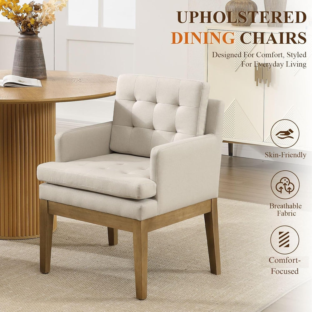 Linen Fabric Dining Chairs Set of 2, Upholstered Tufted Kitchen Room Chairs w...