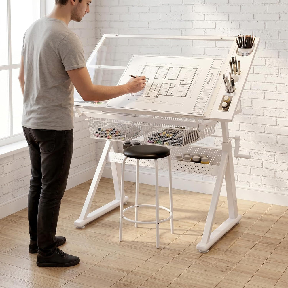 Drafting Table w/Art Stool, Hand Crank Height Adjustable Drawing Desk for Adu...