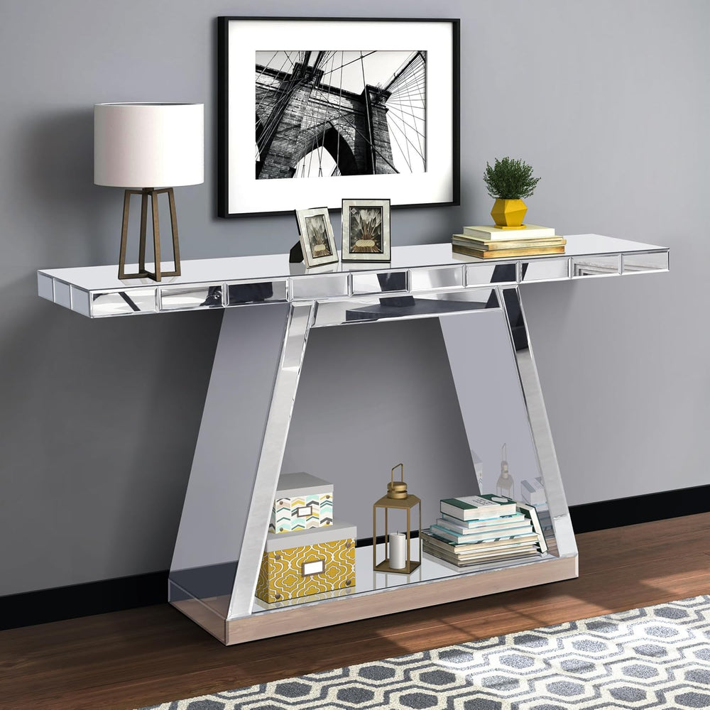 56" Silver Mirrored Console Table, Rectangle Glass Couch Behind Sofa Tab...