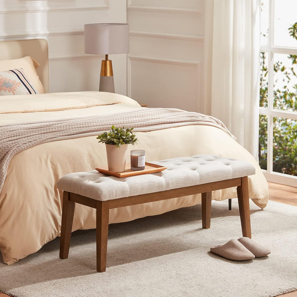 HUIMO Upholstered Bench, Button Tufted Dining Bench (Beige) | with Solid Wood...