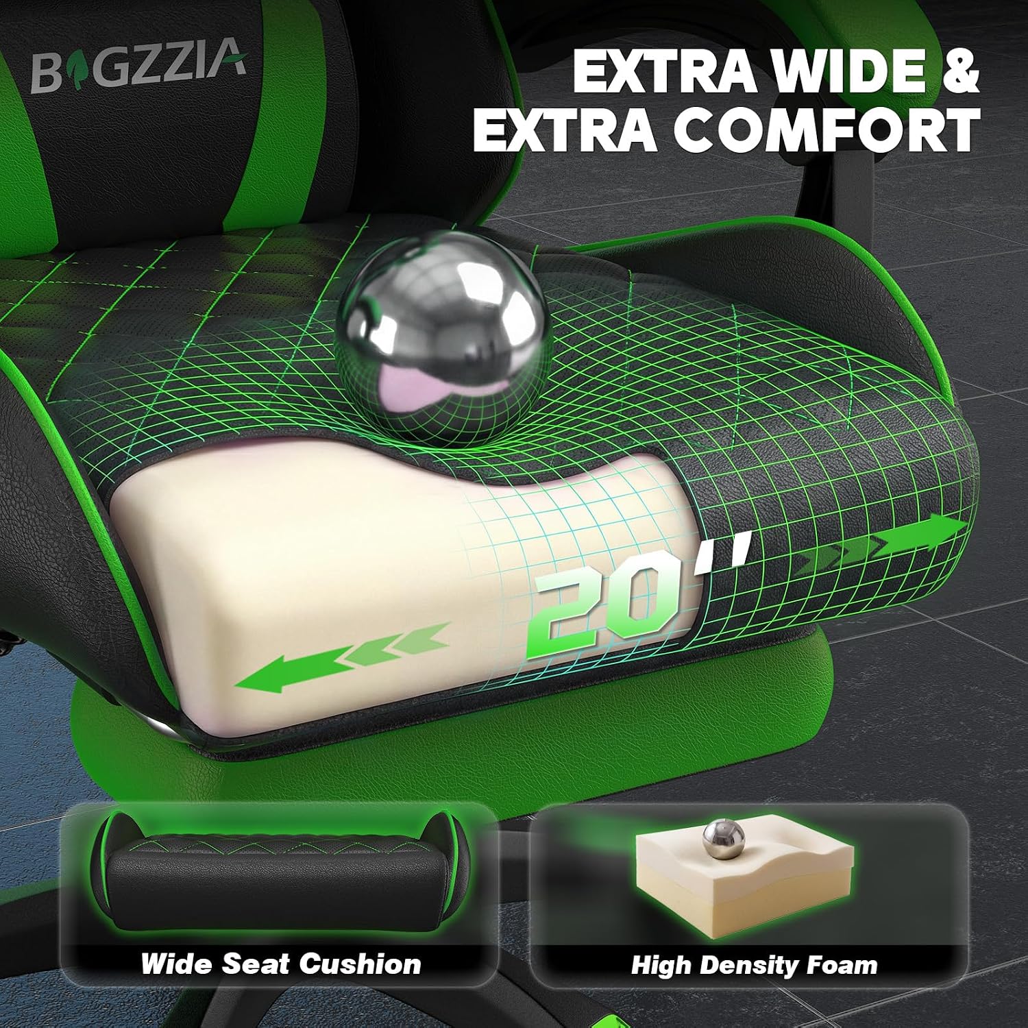 Bigzzia Gaming Chair with Footrest, Ergonomic Computer Game Chair with 20'' Wide Seat, Adjustable Lumbar Support, Headrest, 90°-135° Reclining Gaming Chairs for Adults, Black Green