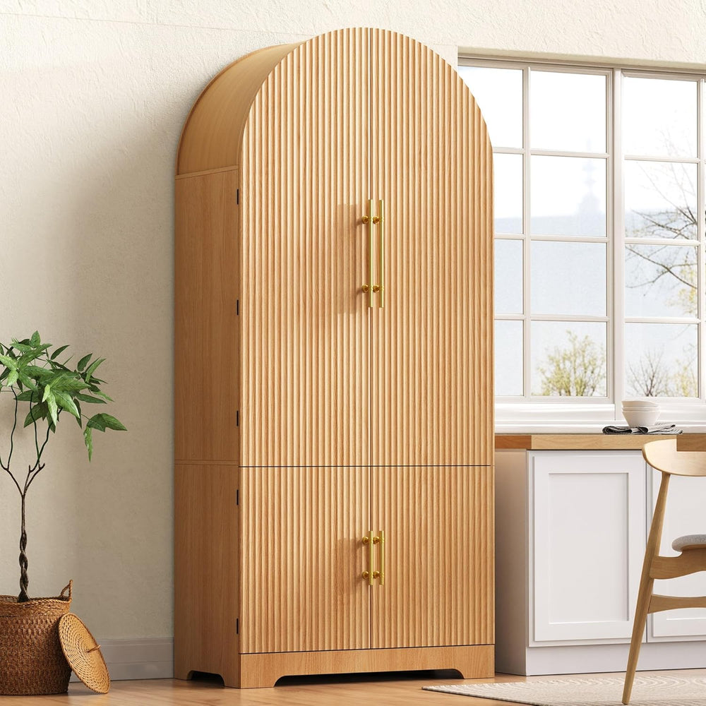 Tall Arched Kitchen Pantry Cabinet, Modern Fluted Wood Storage Cabinet with 8...