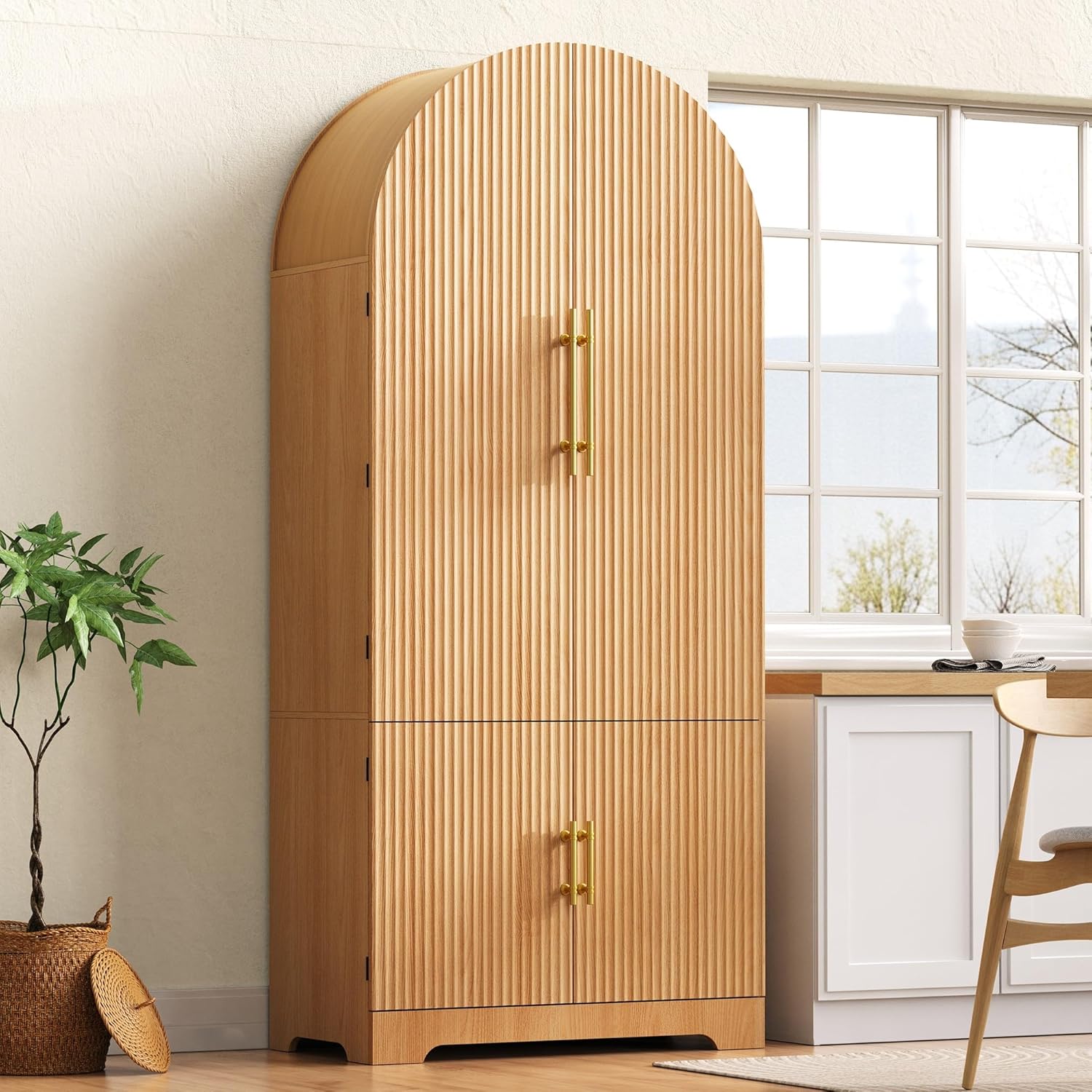 Tall Arched Kitchen Pantry Cabinet, Modern Fluted Wood Storage Cabinet with 8 Door Shelves, Adjustable Shelves and Hidden Drawer, Versatile Cupboard for Kitchen, Bathroom (Natural)