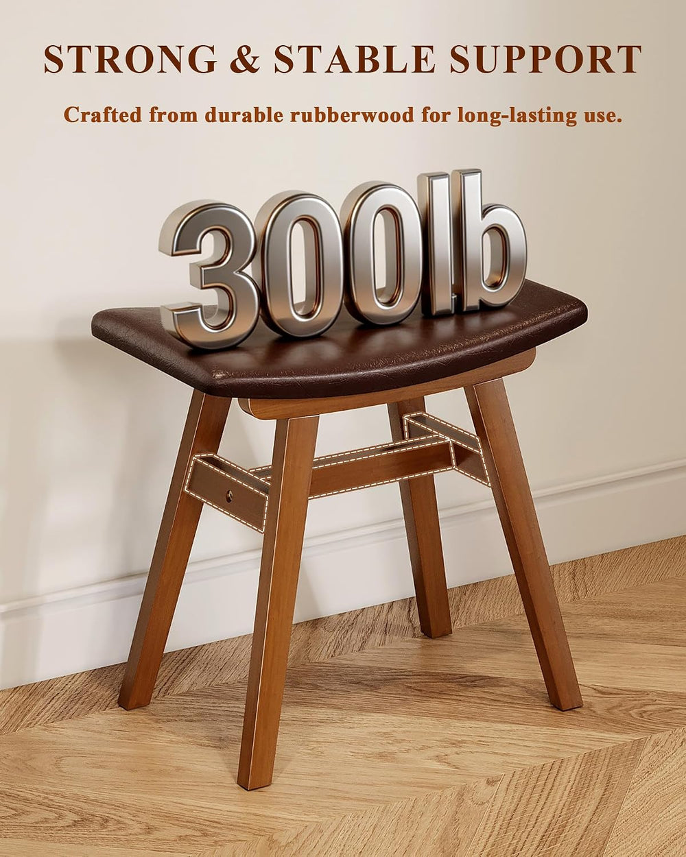 Solid Rubberwood Vanity Stool with Ergonomic Curved Seat, Vanity Bench | Upho...