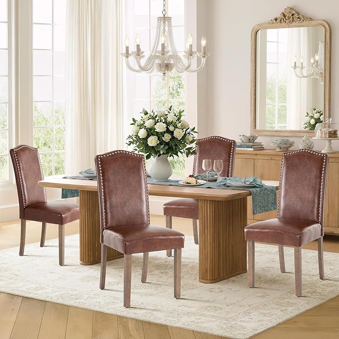 Upholstered Dining Chair Modern Stylish Parsons Kitchen Diner High Back with Silver Nailhead Trim & Wood Legs, Set of 4, PU Leather Light Brown