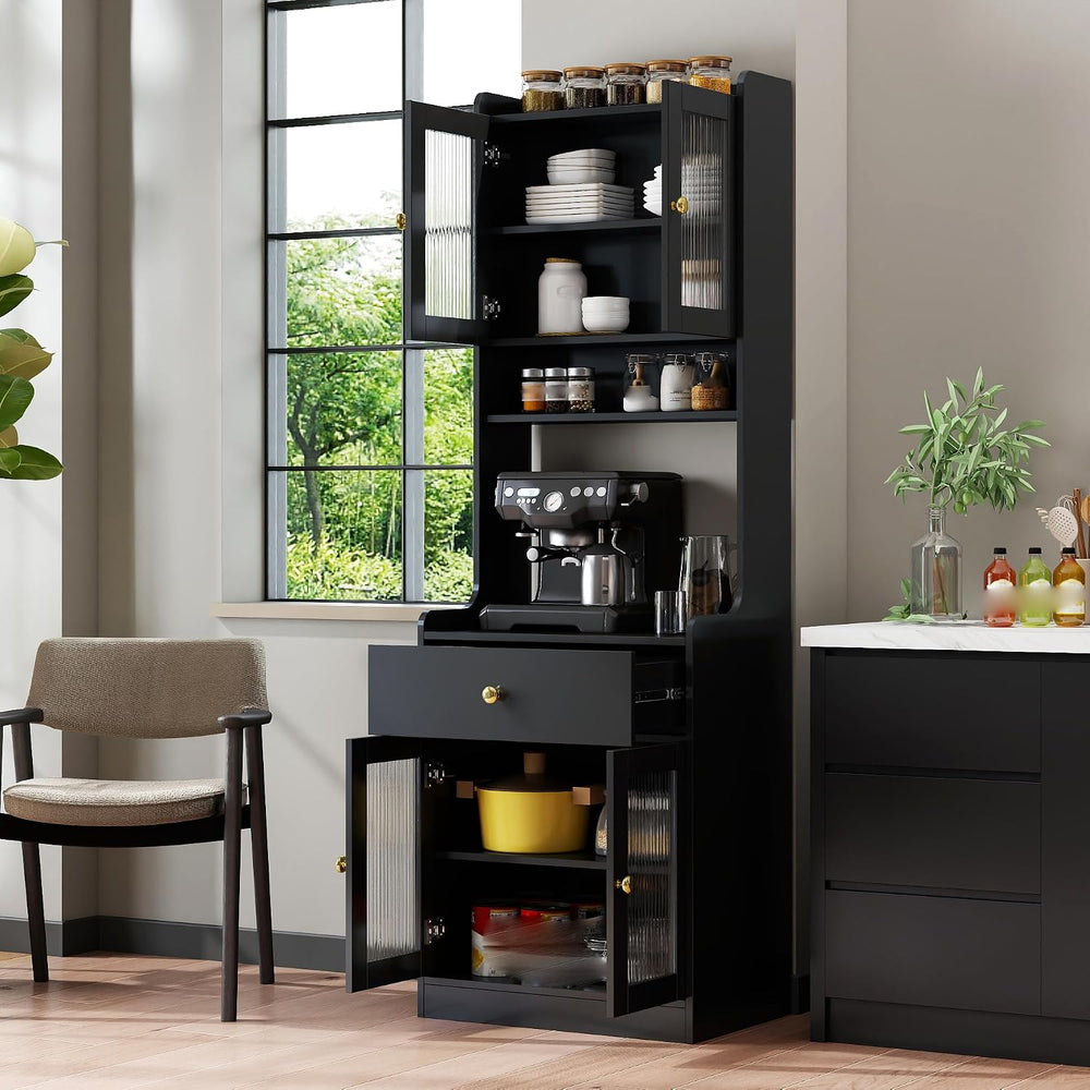 Black Kitchen Pantry Hutch Storage Cabinet, Farmhouse Buffet Sideboard with M...