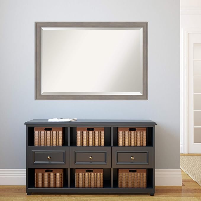 Amanti Art Grey Wall Mirror 28x40 Greywash Rectangle Bathroom Mirror for Wall Decor Living Room, Large Country Rustic Wood Frame, Hangs Horizonally and Vertically, Bathroom Decor, Beveled Edge