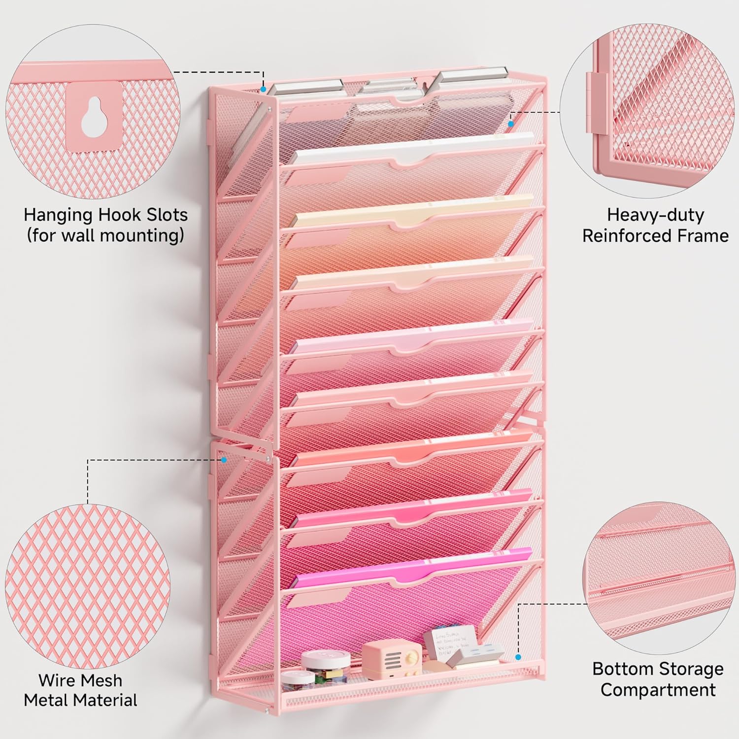 Lavatino 10-Tier Hanging Wall File Folders Organizer - Pink Metal Mesh Paper Magazine Document Mail Holder File Organizer for Office School Home Wall Mount or Desk Supplies Organization