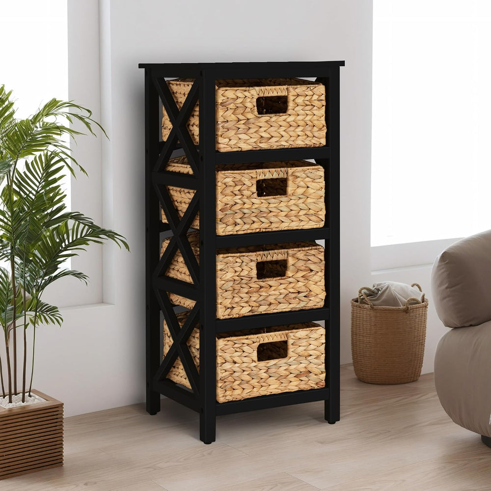 eHemco 4 Tier X-Side End Storage Cabinet with 4 Wicker Baskets, Black