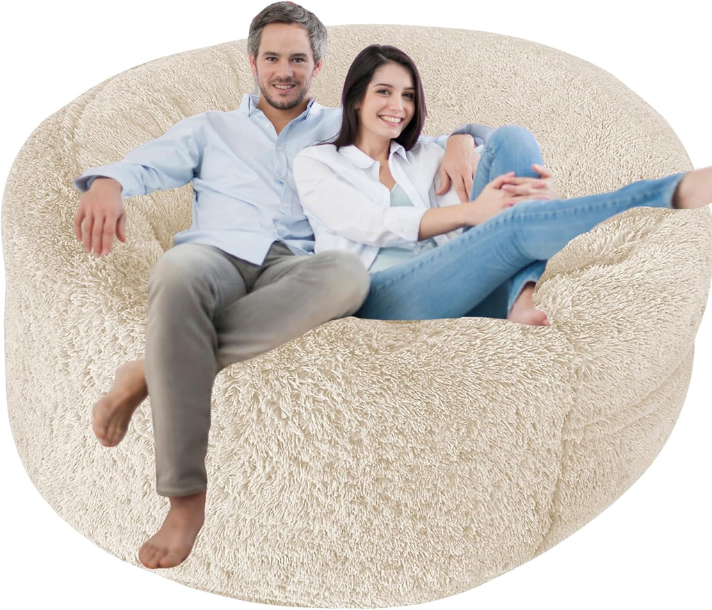 Fluffy Bean Bag Chair Cover for Adults Teens or Kids, xl Faux Fur Stuffed Animal Storage (Beige, 5 ft (Cover Only))