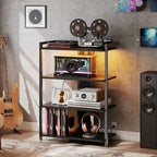 HOOBRO 4-Tier AV Media Stand, Media Console with Charging Station and LED Light, Wooden Stereo Cabinet, Corner TV Stand, Record Player, Entertainment Device Stand, Black BB42UDCJ01