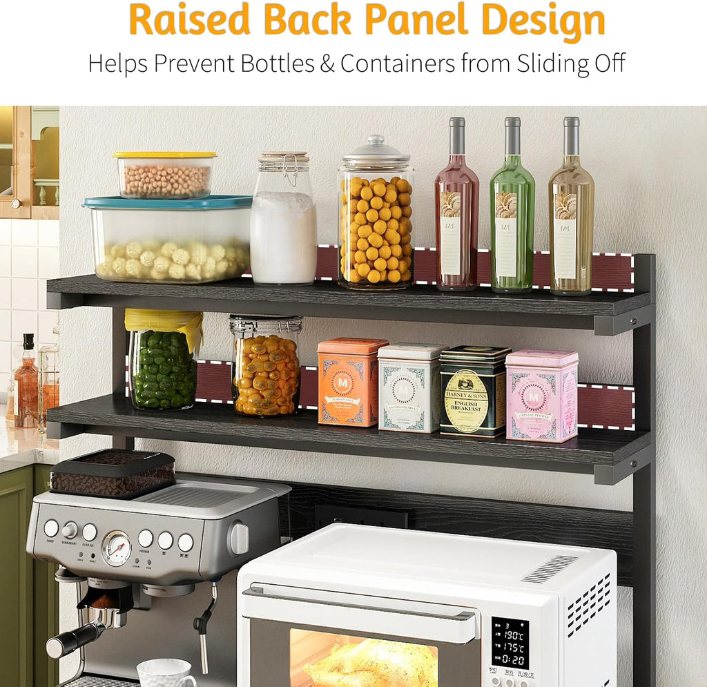 Baker's Rack with Power Outlet, 5-Tier Microwave Stand with Storage, Black | LED Lights,Kitchen Coffee Bar Storage,Microwave Stand with Storage,Spice Organizer for Kitchen, Dining Room and Office