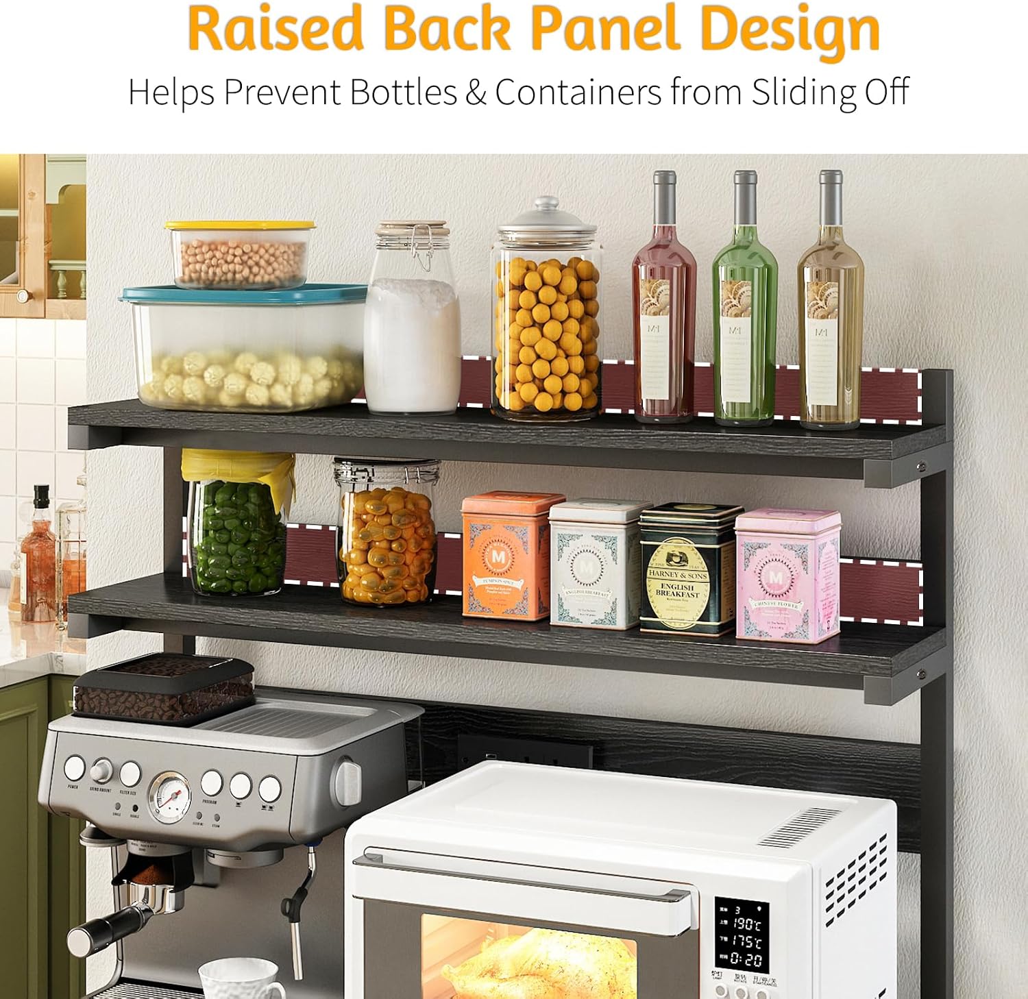 Baker's Rack with Power Outlet, 5-Tier Microwave Stand with Storage, Black | LED Lights,Kitchen Coffee Bar Storage,Microwave Stand with Storage,Spice Organizer for Kitchen, Dining Room and Office
